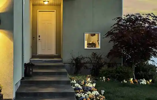 Upplyst stentrappa vid entre med vit ytterdörr